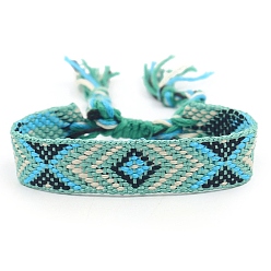 Средний Аквамарин Женские браслеты на плоской подошве из полиэстера в этническом стиле с ромбическим шнуром, регулируемый браслет с кисточкой, средний аквамарин, 5-7/8 дюйм (15 см)