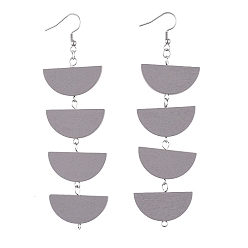 Gray Painted Wood Dangle Earrings, with Stainless Steel Earring Hooks, Half Round, Gray, 109mm, Pin: 0.7mm