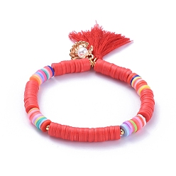 Red Handmade Polymer Clay Heishi Beads Stretch Bracelets, with Cotton Thread Tassel Pendants and Alloy Charms, Shell with Pearl Shape, Red, 2-1/8 inch(5.5cm)