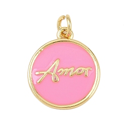 Pink Латунь эмаль подвески, с целью перехода в кольце, плоские круглые подвески со словом «амор», без свинца и без кадмия, долговечный, реальный 18 k позолоченный, стойки покрытие, розовые, 16.5x14x1.5 мм, отверстие : 2.5 мм