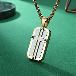 Oro 304 Collares con colgante de cruz tipo placa de identificación de acero inoxidable para hombres, dorado, 23.62 pulgada (60 cm)