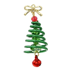 Зеленый Подвески гальванизируйте стекла, харизматичное дерево, с алюминиевой проволокой, бантом из сплава и латунным колокольчиком, зелёные, 43x16 мм, отверстие : 1.5 мм