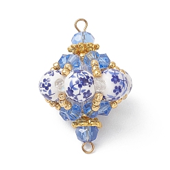 Золотой Восточный сине-белый фарфоровый фонарь из бусин, соединительные подвески., со стеклянными бисеринами, золотые, 35x23 мм, отверстие : 2 мм