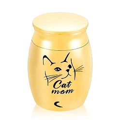 Golden Aluminium Alloy Cremation Urn, For Commemorate Pet Cat Cremains Container, Column with Cat & Word Cat Mom Pattern, Golden, 30x40mm