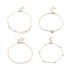 Light Gold 4Pcs 4 Style Alloy Chain Anklets Set with Heart, Clear Cubic Zirconia Flat Round Link Anklets for Women, Light Gold, 8.46~9.84 inch(21.5~25cm)