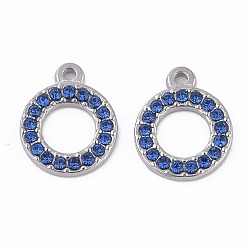 Sapphire 304 Stainless Steel Pendants, with Rhinestone, Round Ring, Sapphire, 15.5x12.5x2mm, Hole: 1.4mm