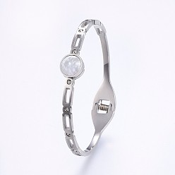 Stainless Steel Color 304 Stainless Steel Bangles, with Rhinestone and Shell, Flat Round, Stainless Steel Color, 2-1/4 inch(5.7cm)x2 inch(5cm), 4~10mm