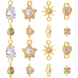 Clear 24Pcs 8 Styles Brass Pave Cubic Zirconia Connector Charms, Mixed Shapes, Real 18K Gold Plated, Clear, 4.5~12x4.5~8x2~4mm, Hole: 0.7~1.2mm, 3pcs/style