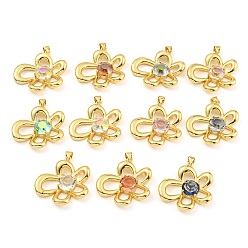 Mixed Color Rack Plating Brass Pendants, with Glass, Long-Lasting Plated, Cadmium Free & Lead Free, Flower Charms, Mixed Color, 30.5x30.5x7.5mm, Hole: 4x3mm