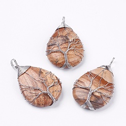 Пейзажный Джаспер Естественного изображения Джаспер большие кулоны, слеза, Подвески из латунной проволоки, платина, 50~55x31x11 мм, отверстие : 5 мм