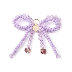 Лиловый Бант из стеклянного бисера с подвесками в виде сердечек, со стеклом, латунью и 304 открытыми соединительными кольцами из нержавеющей стали, сирень, 45~50x45~48x6.5 мм, отверстие : 5 мм