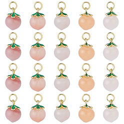 Natural Agate 20Pcs Natural Agate Peach Charms, with Golden Tone Brass Findings & Green Enamel, Pale Violet Red, 14x10mm, Hole: 3mm