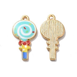 Aquamarine Alloy Enamel Pendants, Golden, Lollipop Charm, Aquamarine, 24x12x2mm, Hole: 1.5mm
