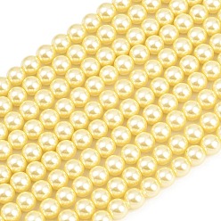 Шампанско-Желтый Круглые бусины из экологически чистого окрашенного стекла с жемчугом, класс А, хлопковый шнур , шампанское желтый, 8 мм, отверстие : 1.2~1.5 мм, около 52 шт / нитка, 15 дюйм