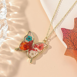 (123L) Белый крем непрозрачный блеск День святого Валентина сплав эпоксидная смола бабочка внутри сухоцвет подвеска ожерелье для женщин, золотые, огнеупорный кирпич, 18.50 дюйм (47 см)