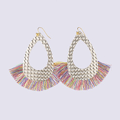 Pale Goldenrod PU Leather Dangle Earrings, with Nylon Tassel and Brass Earring Hooks, Teardrop, Golden, Pale Goldenrod, 83mm, Pin: 0.7mm