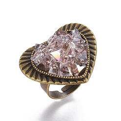 Pink (Jewelry Parties Factory Sale)Adjustable Electroplate Glass Finger Rings, with Iron and Cardboard Ring Boxes, Heart, Pink, Size: 7, 17mm