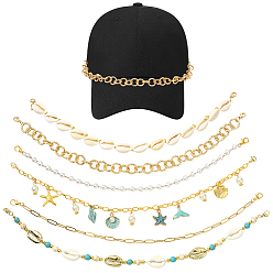 Золотой 6 шт. 6 стили: морская тематика, латунь и пластик, жемчуг и ракушка каури, железная цепь, сплав, синтетическая бирюза, магнезит и алюминиевая цепочка для бейсболки, золотые, 270~300 мм, 1 шт / стиль