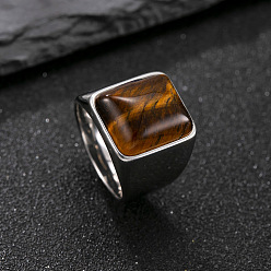 Rectangle 304 мужские перстни из нержавеющей стали с натуральным тигровым глазом, цвет нержавеющей стали, прямоугольные, размер США 8 (18.1 мм)