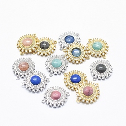 Mixed Color Brass Micro Pave Cubic Zirconia Links, with Natural Gemstone, Flat Round, Clear, Mixed Color, 19x15x4~5mm, Hole: 1.2mm