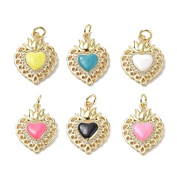 Mixed Color Eco-Friendly Rack Plating Brass Micro Pave Cubic Zirconia Pendants, with Enamel & Jump Ring, Long-Lasting Plated, Lead Free & Cadmium Free, Sacred Heart Charm, Real 18K Gold Plated, Mixed Color, 23x16.5x4mm, Hole: 3.4mm