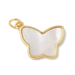 Бабочка Подвески из латуни с натуральными белыми ракушками, реальный 18 k позолоченный, с прыжковых колец, долговечный, без свинца и без кадмия, стойки покрытие, бабочка, 15x18.5x2 мм, отверстие : 3 мм