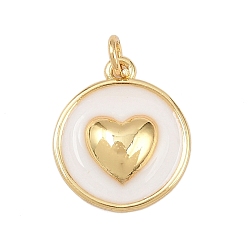 Белый Латунь эмаль подвески, с целью перехода в кольце, плоский круглый с сердечками, без свинца и без кадмия, долговечный, реальный 18 k позолоченный, стойки покрытие, белые, 16.5x14x1.5 мм, отверстие : 2.5 мм