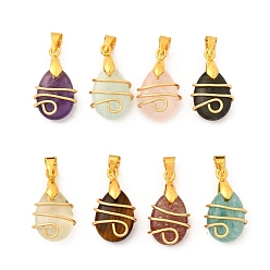 Золотой Подвески из натурального лабрадорита, амазонита, аквамарина, розового кварца, аметиста, тигрового глаза, клубничного кварца и пренита, обмотанные медной проволокой, слезинки, золотые, 20x12x7 мм, отверстие : 4x3.5 мм