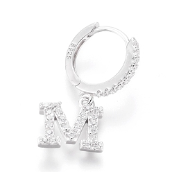 Letter M Rhodium Plated 925 Sterling Silver Hoop Earrings, Dangle Earrings, with Cubic Zirconia, with S925 Stamp, Letter, Clear, Platinum, Letter.M, 21mm, Pendants: about 8.5x9x1.5mm, Pin: 0.6mm