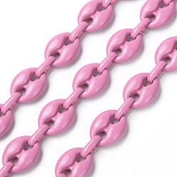 Flamingo Alloy Coffee Bean Chains, with Iron Oval Link, Unwelded, Spray Paint, Cadmium Free & Lead Free, with Spool, Flamingo, Coffee Bean: 13.5x10.5x4.5mm, Link: 9x4x2mm