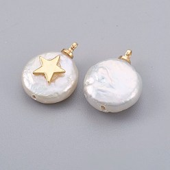 Real 18K Gold Plated Natural Cultured Freshwater Pearl Pendants, with Brass Findings, Long-Lasting Plated, Flat Round with Star, Real 18K Gold Plated, 14~21x9~16x5~9mm, Hole: 1.5mm