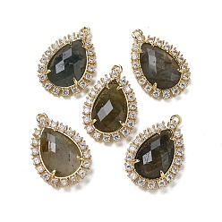 Лабрадорита Подвески из натурального лабрадорита с огранкой в виде капли, подвески-капли из латуни с микропаве из прозрачного кубического циркония, золотые, 25x16.5x5.5 мм, отверстие : 1.4 мм