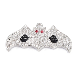 Platinum Rack Plating Brass Cubic Zirconia Pendants, Lead Free & Cadmium Free, Long-Lasting , Bat Charm, Platinum, 13.5x28.5x1.8mm, Hole: 1.2mm