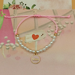 Pink Браслеты с подвесками из эмали и сплава ко Дню матери, Регулируемые пластиковые браслеты из жемчужных бусин, плетеные из бусин, для женщин, Плоский круглый со словом мама, розовые, 10.63 дюйм (27 см)