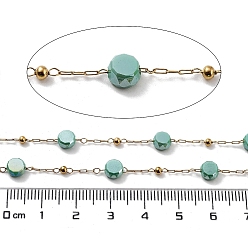 Dark Cyan 304 Stainless Steel Handmade Beaded Chain, with Electroplated Glass, with Spool, Soldered, Real 18K Gold Plated, Flat Round, Dark Cyan, 5.5x5.5x3.5mm, about 16.40 Feet(5m)/Roll