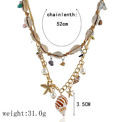 Разноцветный Богемное ожерелье из натуральной ракушки, сплава, морской звезды и пластикового жемчуга, на рафиевом шнуре, двухслойное, для женщин., золотые, красочный, 20.47 дюйм (52 см)