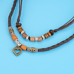 Сердце Ожерелья из сплава, синтетического немагнитного гематита и дерева с подвеской в виде двухслойного матового шнура для мужчин, античное серебро, сердце, 17.72 дюйм (45 см)