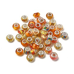 Оранжевый Европейские бусины из прозрачной смолы с печатью, бусины с большим отверстием, рондель с латунными сердечниками, покрытыми серебром, и блестящей пудрой, оранжевые, 14x8.5 мм, отверстие : 5 мм