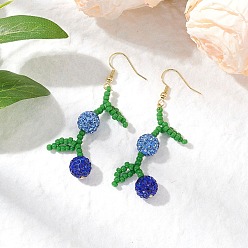 Blue Fruit Pave Disco Ball Beads Dangle Earrings, with Solid Round Brass Beads and Brass Earring Hooks and MIYUKI Round Rocailles Beads, Golden, Blue, 64.5x20mm