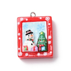 Rectangle Рождественские подвески из непрозрачной смолы, с железной платиной петлей, прямоугольник со снеговиком и елкой, 29x21x9 мм, отверстие : 2 мм