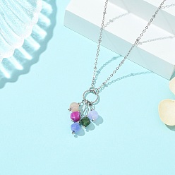 Stainless Steel Color Natural Multicolor Tourmaline Dice Beaded Tassel Pendant 304 Stainless Steel Satellite Chain Necklaces for Women, Stainless Steel Color, 15.75 inch(40cm)