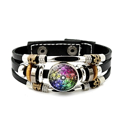 Colorful Imitation Leather Triple Lines Multi-strand Bracelets with Flat Round Links, Colorful, 8-1/8 inch(20.5cm)