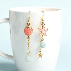 Amazonite Natural Amazonite Dangle Earrings, Alloy Enamel Starfish & Shell Asymmetrical Earrings for Women, 75x8mm