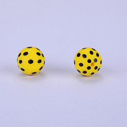 Yellow Printed Round with Polka Dots Pattern Silicone Focal Beads, Yellow, 15x15mm, Hole: 2mm