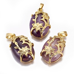 Аметист Подвески из натурального аметиста , с фурнитурой латунной золотого тона, овальные с цветком, 32x20x9 мм, отверстие : 5x8 мм