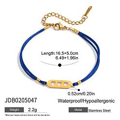 Blue 304 Stainless Steel Oval with Hollow Heart Link Polyester Cord 2-Strand Bracelets for Women, Golden, Blue, 6.50 inch(16.5cm)