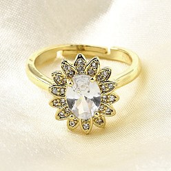 Прозрачный Кольца для женщин с микропаве из латуни и кубическими цирконами, цветок, долговечный, стойки покрытие, реальный 18 k позолоченный, прозрачные, 14.5x12.5 мм, внутренний диаметр: 17.8 мм