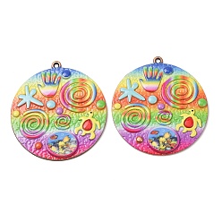 Flat Round Rainbow Color Printed Iron Pendants, Red Copper, Colorful, Flat Round with Starfish & Conch & Turtle Charm, 39x36x2mm, Hole: 1.4mm