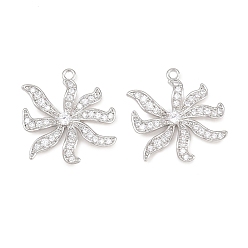 Plaqué Platine Véritable Pendentifs en laiton zircon cubique transparent, charmes de fleurs épanouies, Platine plaqué, 20.5x19.5x3.5mm, Trou: 1.2mm