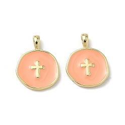 Темно-Оранжевый Латунь эмаль подвески, золотой свет, плоские круглые с крестом, темно-оранжевый, 18x13.5x3.5 мм, отверстие : 2x3.5 мм